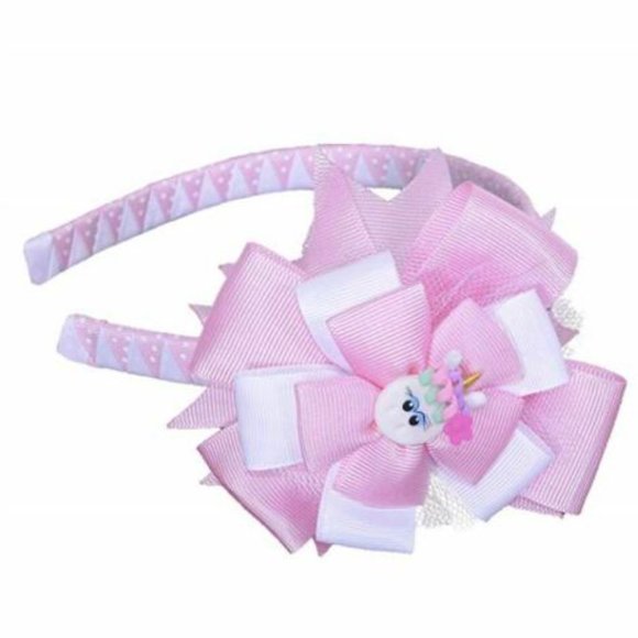 Girl's Headband Flower Design Baby Pink & White with Handmade Felt Unicorn - Picture 2 of 2